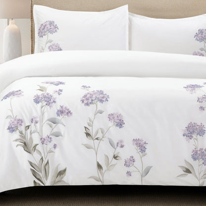 Hydrangea Floral 100% Cotton Embroidered Duvet Cover Set