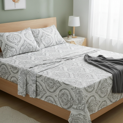 Dreamy Moon Sky Ogee Damask Heather Gray White Bed Sheet Set