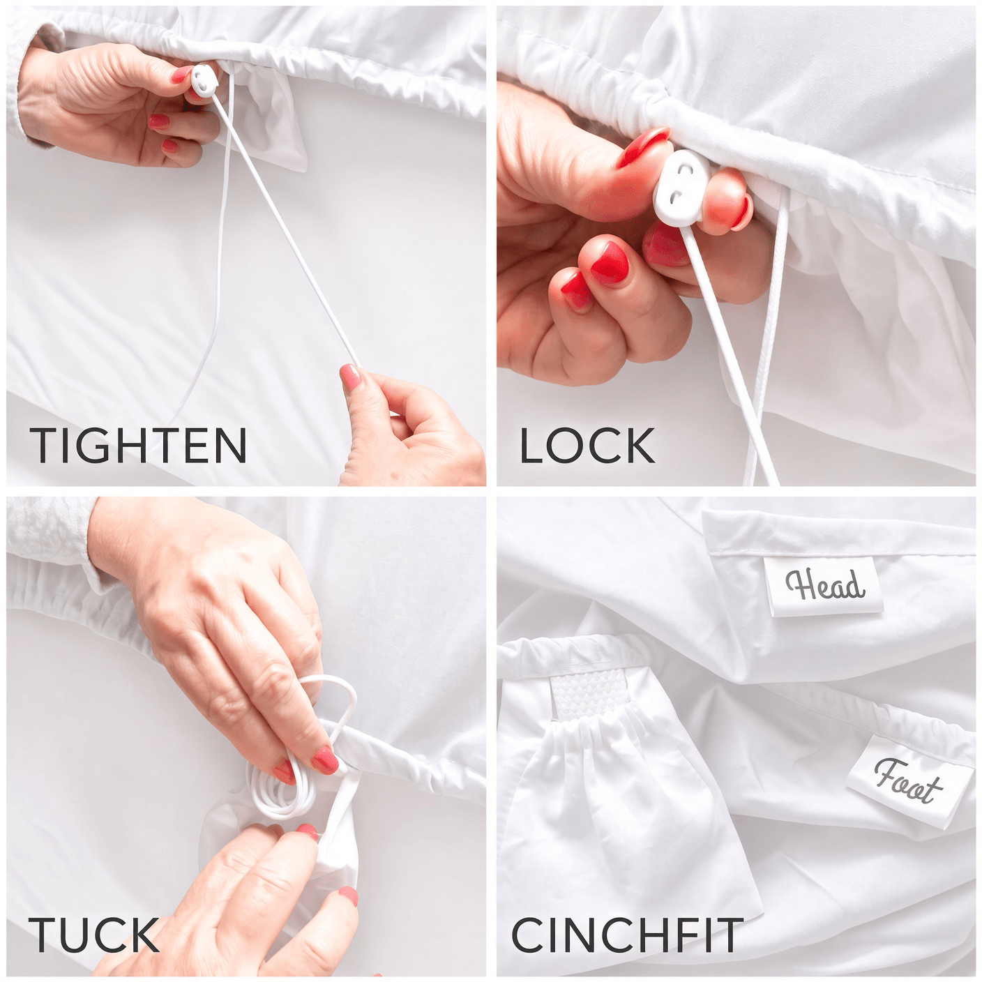 Four-panel close-up collage showing hands adjusting white drawstring bands on a white garment. Text labels read TIGHTEN, LOCK, TUCK, and CINCHFIT.