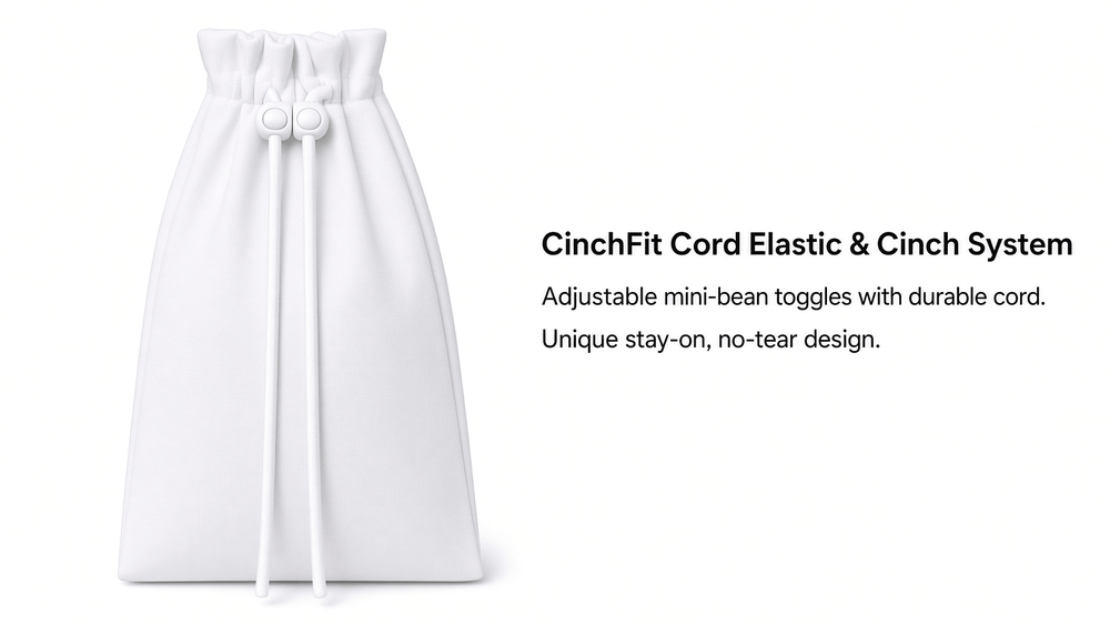 A white drawstring pouch bag with adjustable elastic cord and toggle closures, shown on a clean white background with product feature text on the right.