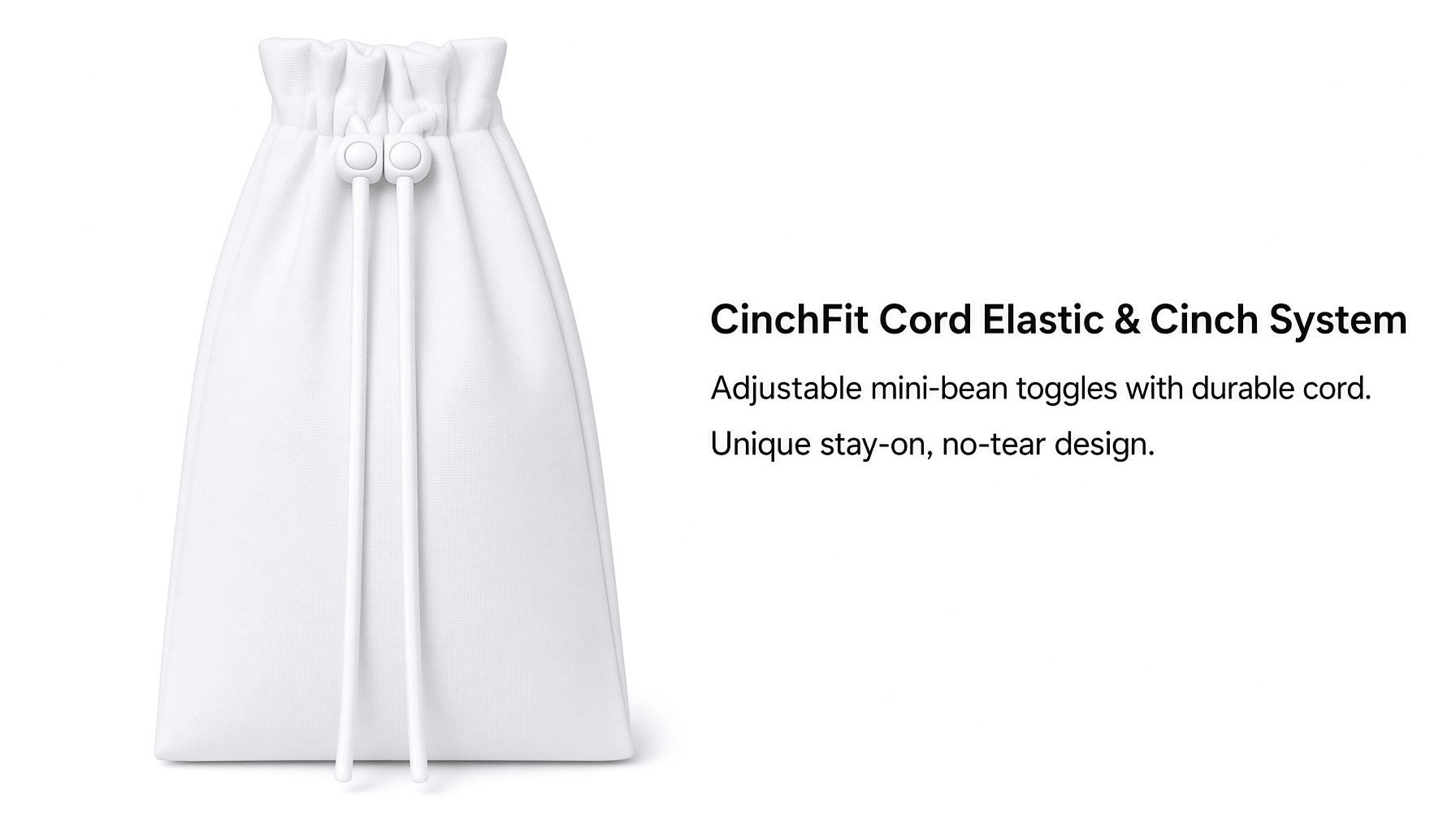 A white drawstring pouch bag with adjustable elastic cord and toggle closures, shown on a clean white background with product feature text on the right.