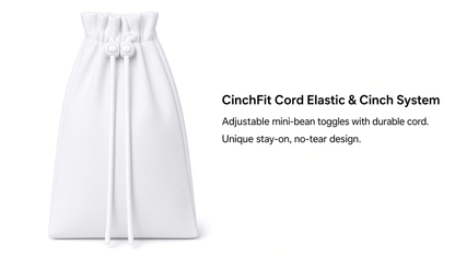 A white drawstring pouch bag with adjustable elastic cord and toggle closures, shown on a clean white background with product feature text on the right.