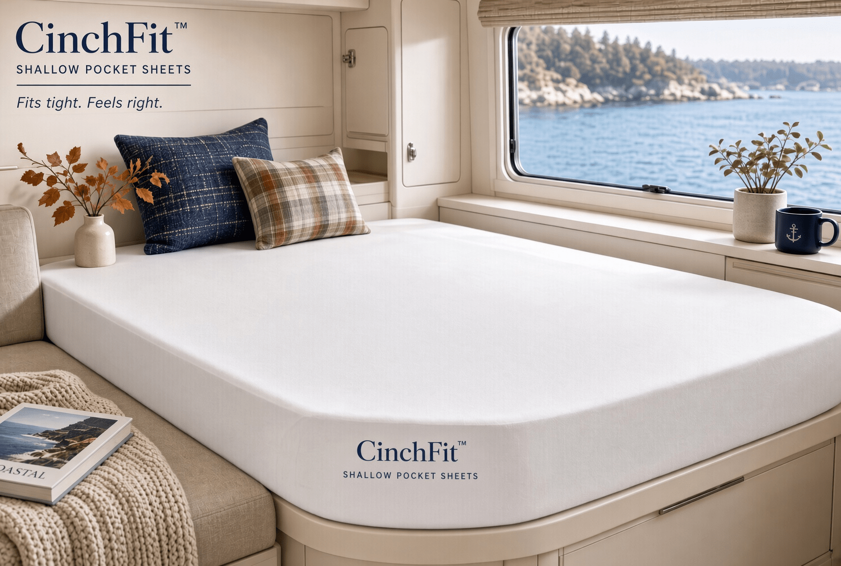 A white CinchFit shallow pocket mattress sheet shown on a bed inside a boat cabin, with a window overlooking water and the CinchFit branding printed on the sheet.