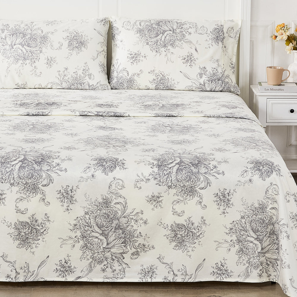400TC Toile Vintage Inspired Floral Sheet Set - Floral Sheet Sets - Quahog Bay Bedding