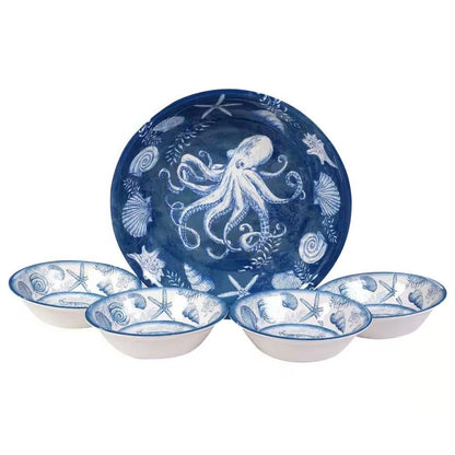 5 - Piece Starfish Sea Shells Octopus Beach Dinner Bowl Set in Blue and White - Quahog Bay Bedding
