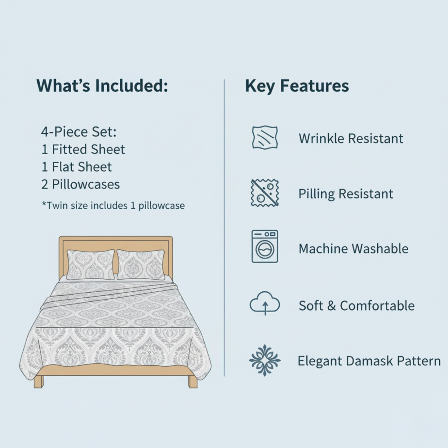 Tache Dreamy Moon Sky Ogee Damask Heather Gray White Bed Sheet Set 