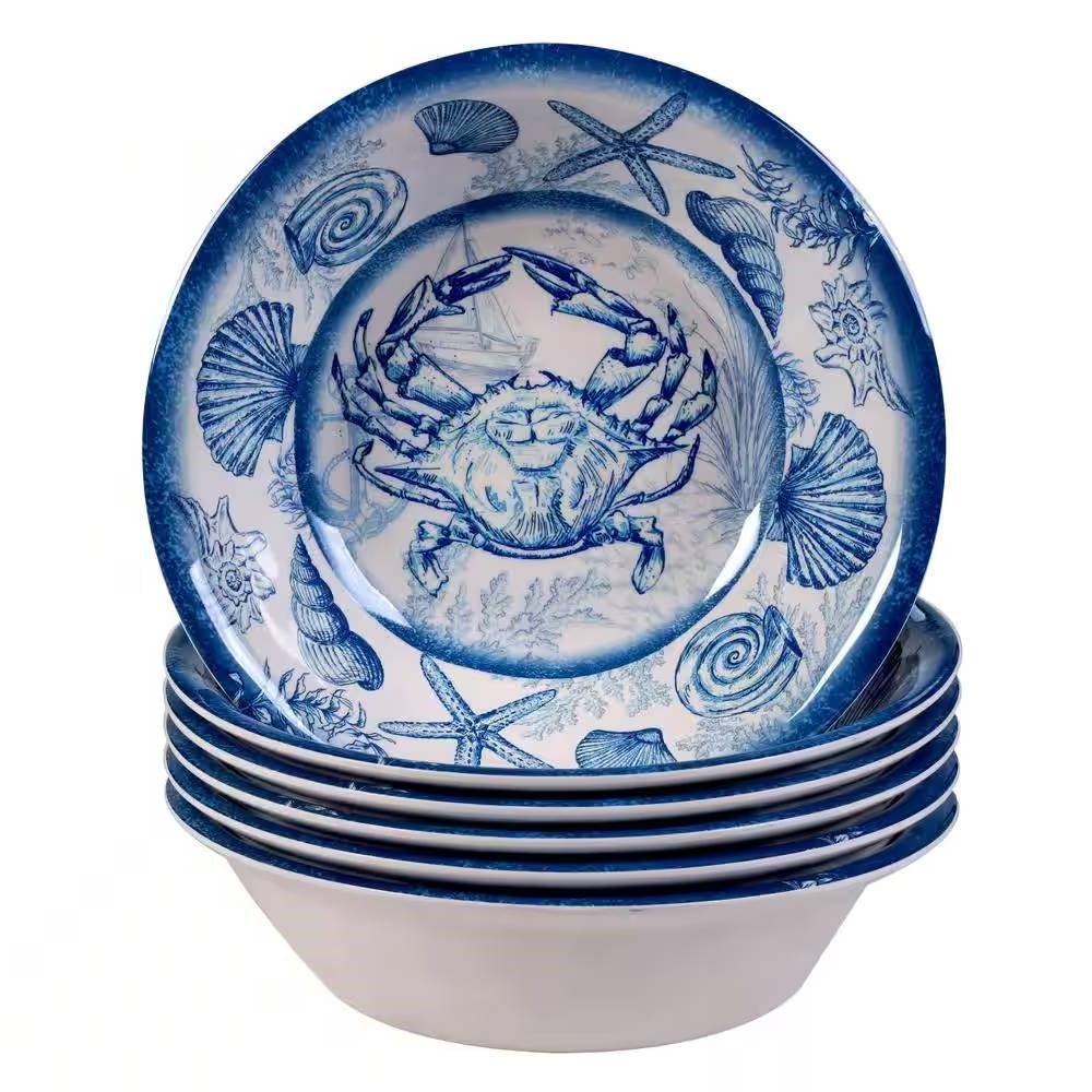 6 - Piece Dinner Bowl Set with Blue White Ocean Sea Shells Crab Starfish Pattern - Quahog Bay Bedding
