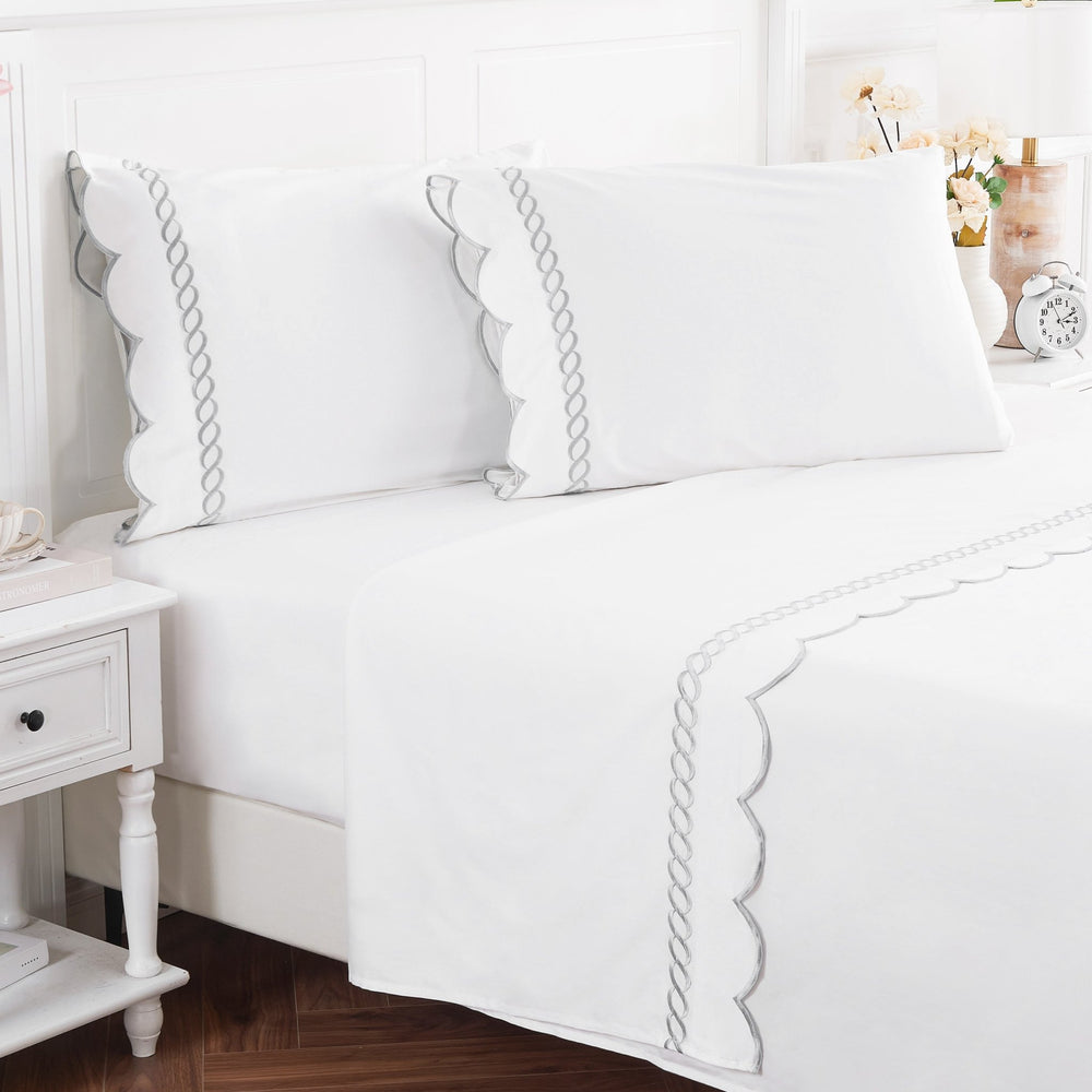 600 Thread Count Scallop Rope Embroidered Cotton Pillowcase Pair - Quahog Bay Bedding