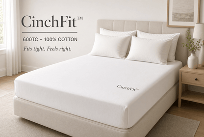 A white fitted sheet labeled CinchFit is shown on a bed in a bright, neutral bedroom. The text on the left reads 'CinchFit 600TC • 100% Cotton Fits tight.