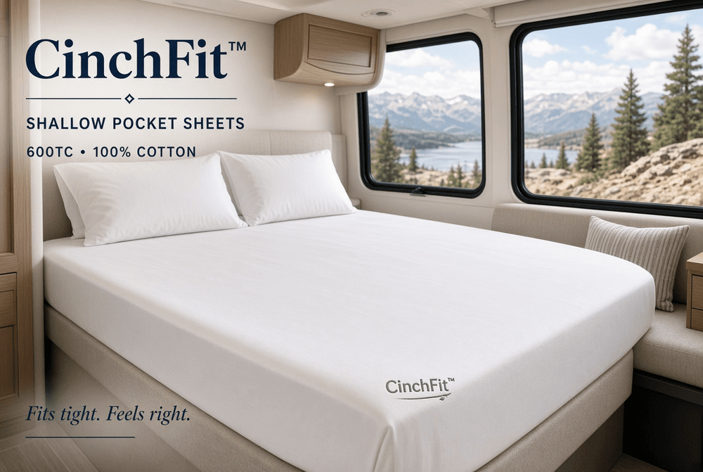 A fitted white CinchFit bed sheet set shown on a bed inside a camper or RV, with large windows showing a mountain and lake landscape. Text on the image reads 'CinchFit Shallow Pocket Sheets 600TC • 100% Cotton' and 'Fits tight.