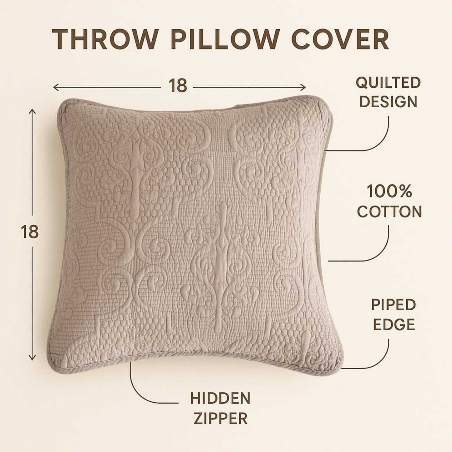 Sandy Beige Taupe Square Throw Pillow Covers, 18" x 18"