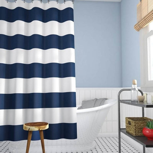 72 x 70 inch Polyester Navy Blue White Nautical Ocean Striped Shower Curtain - Quahog Bay Bedding