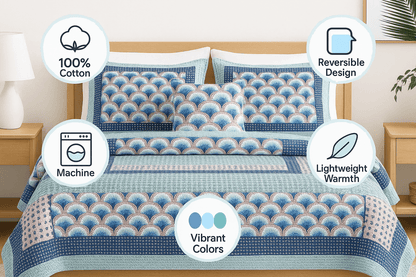 Mediterranean Blue Mint Green Patchwork Quilted Bedspread Set