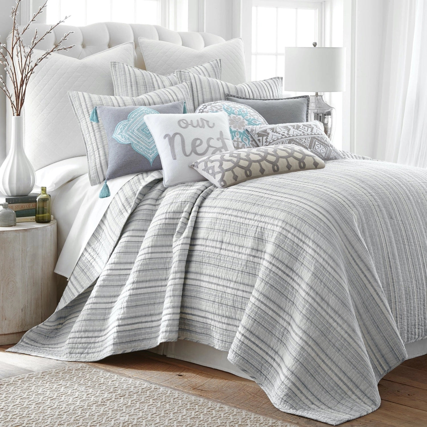 Universal V Berth Grey Stripe Quilt Set - American Made Yacht Bedding