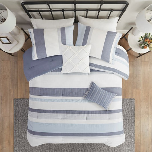 CLEARANCE - Madison Park Allegany 5PC Blue Jacquard Comforter Set - Blue, Gray & Cream Hues