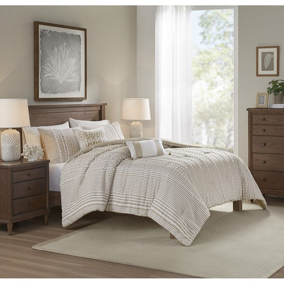 Anslee Jacquard Yarn Dyed Cotton 3PC Comforter Set - Soft White & Taupe Hues - Quahog Bay Bedding