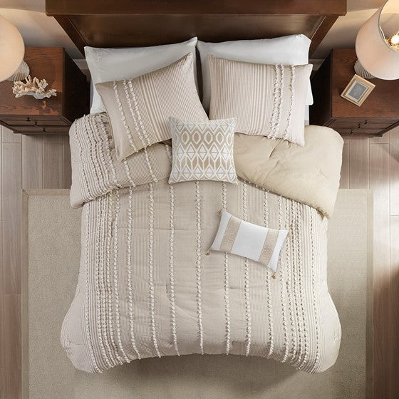Anslee Jacquard Yarn Dyed Cotton 3PC Comforter Set - Soft White & Taupe Hues - Quahog Bay Bedding