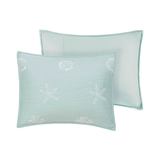 Seaside 4 Piece Cotton Aqua Reversible Embroidered Quilt Set with Throw Pillow