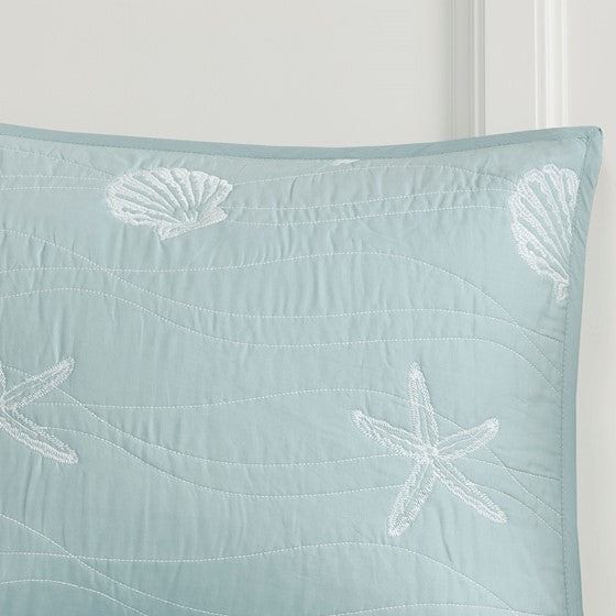 Seaside Coastal 100% Cotton Lightweight Aqua Embroidered Quilt Set