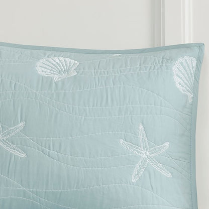 Seaside 4 Piece Cotton Aqua Reversible Embroidered Quilt Set with Throw Pillow