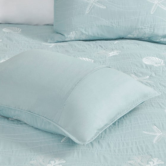 Seaside 4 Piece Cotton Aqua Reversible Embroidered Quilt Set with Throw Pillow