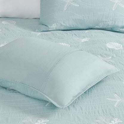 Seaside Coastal 100% Cotton Lightweight Aqua Embroidered Quilt Set