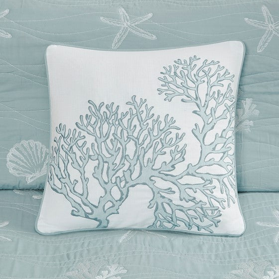 Seaside 4 Piece Cotton Aqua Reversible Embroidered Quilt Set with Throw Pillow