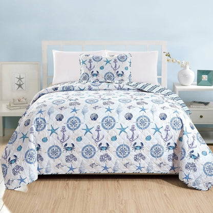 Coastal Azure Cotton Quilt Set 3PC - Blue Coastal Bedding Sets
