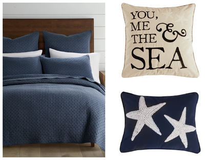 Bar Harbor Universal V Berth 5-Piece Coastal Quilt Set, Navy Blue, 88x92x40 inches, with Decorative Sea Pillows - Quahog Bay Bedding