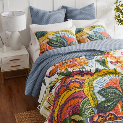 Beautiful Cross Stitch 100% Cotton Quilt Set - Chambray Blue