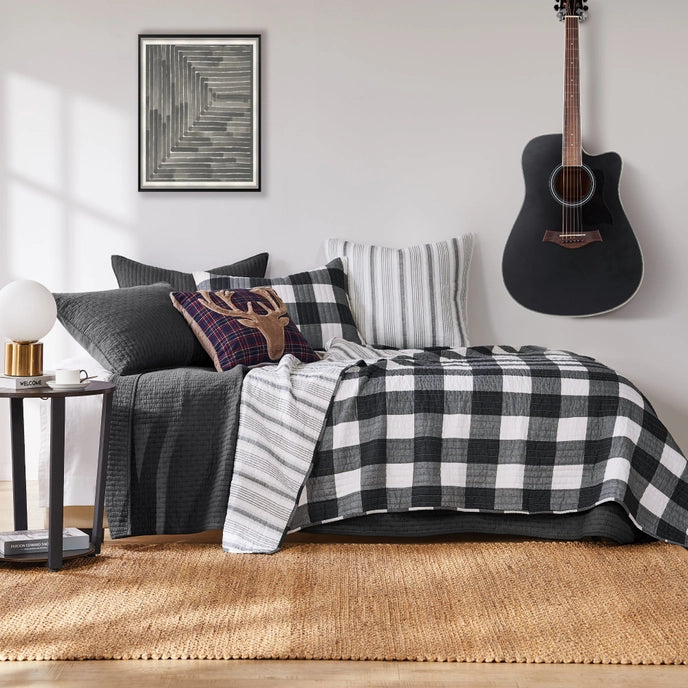 Beautiful Cross Stitch 100% Cotton Quilt Set - Charcoal