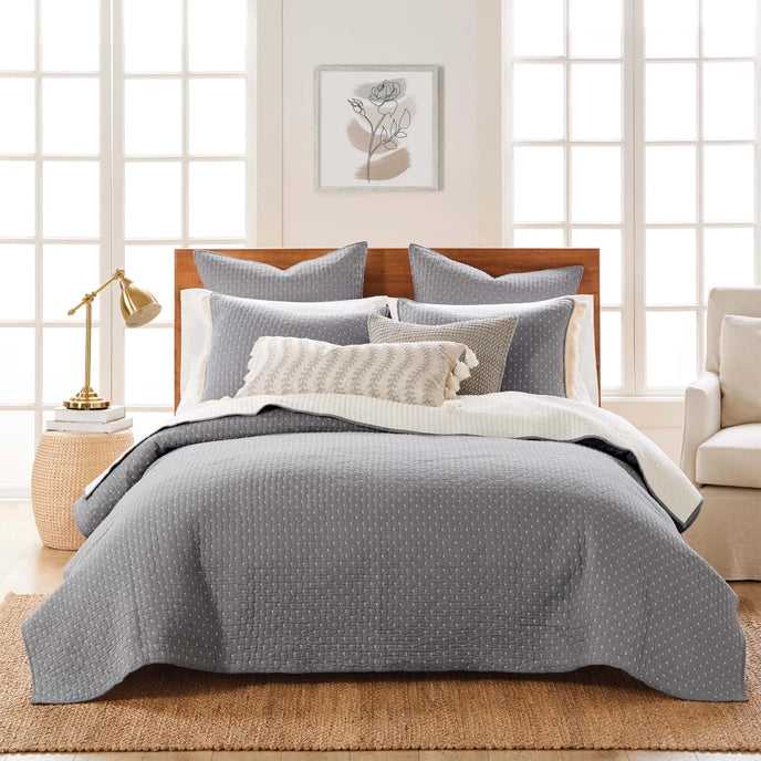 Cross Stitch 100% Cotton Quilt Set - Grey Cream