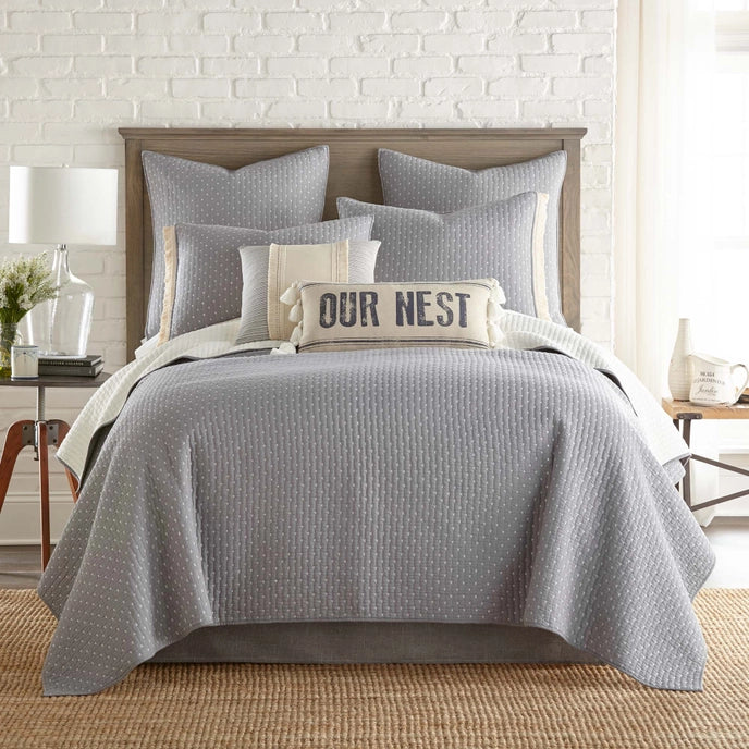 Cross Stitch 100% Cotton Quilt Set - Grey Cream