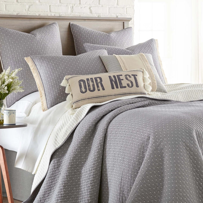 Cross Stitch 100% Cotton Quilt Set - Grey Cream