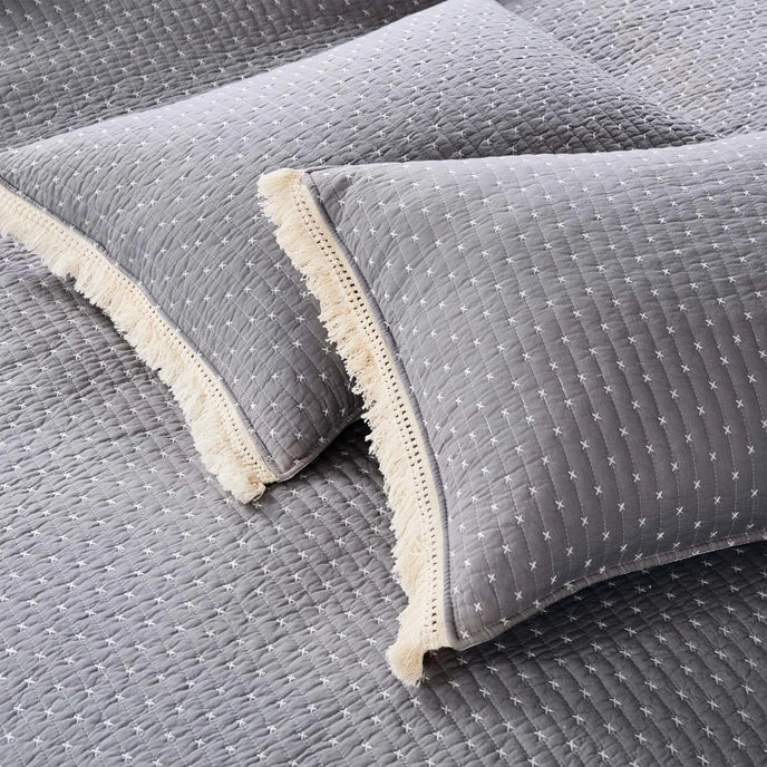 Cross Stitch 100% Cotton Quilt Set - Grey Cream