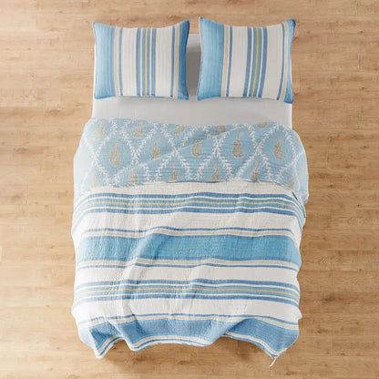Blue Maui Cotton Coastal Quilt Set - Coastal Blue Seahorse Quilt - Quahog Bay Bedding