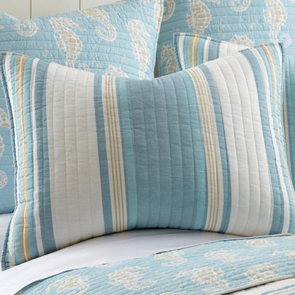 Blue Maui Cotton Coastal Quilt Set - Coastal Blue Seahorse Quilt - Quahog Bay Bedding