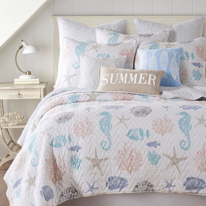 Blue Sea Cotton Coastal Quilt Set - Seahorse, Shells and Coral