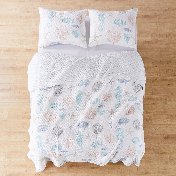 Blue Sea Cotton Coastal Quilt Set - Seahorse, Shells and Coral