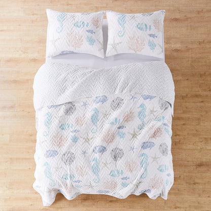 Blue Sea Cotton Coastal Quilt Set - Seahorse, Shells and Coral