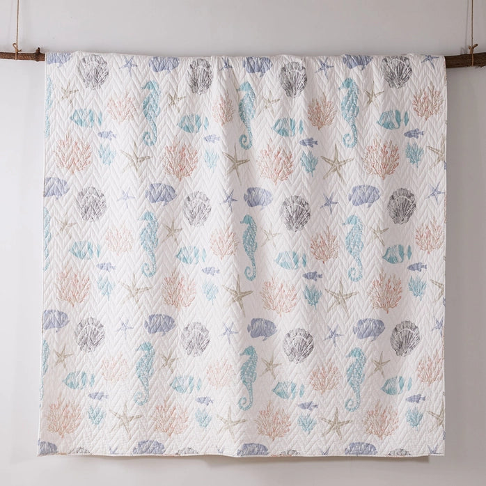 Blue Sea Cotton Coastal Quilt Set - Seahorse, Shells and Coral