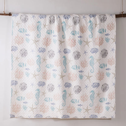 Blue Sea Cotton Coastal Quilt Set - Seahorse, Shells and Coral