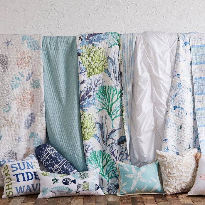 Blue Sea Cotton Coastal Quilt Set - Seahorse, Shells and Coral