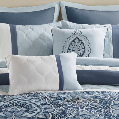 Embroidered Medallion Comforter Set -  Blue Medallion Bedding Set - 8PC