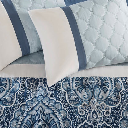 Embroidered Medallion Comforter Set -  Blue Medallion Bedding Set - 8PC