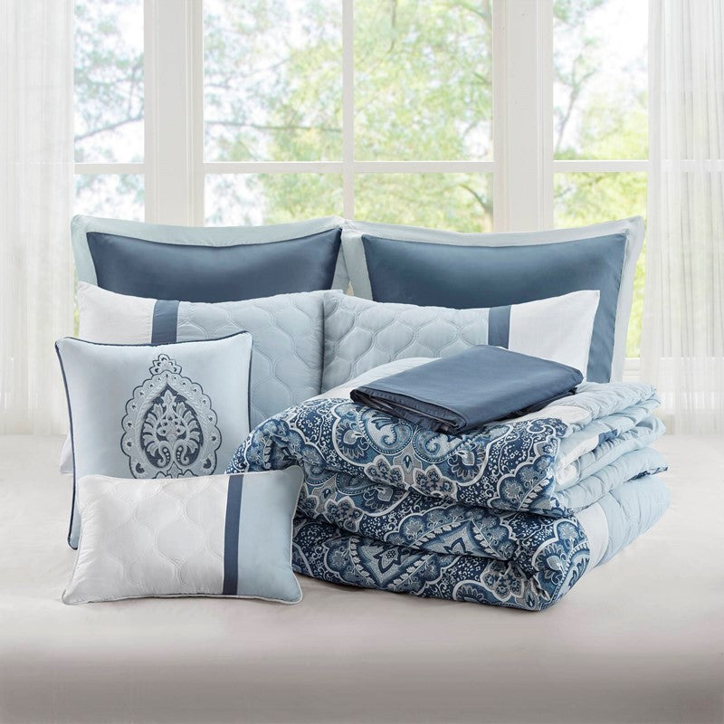 Embroidered Medallion Comforter Set -  Blue Medallion Bedding Set - 8PC