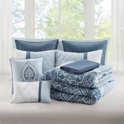 Embroidered Medallion Comforter Set -  Blue Medallion Bedding Set - 8PC