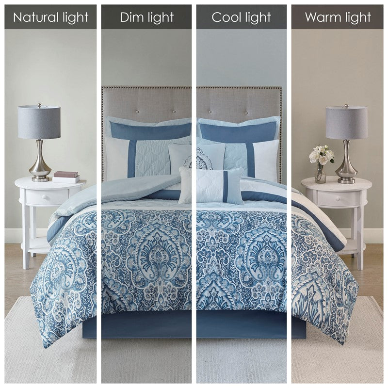 Embroidered Medallion Comforter Set -  Blue Medallion Bedding Set - 8PC