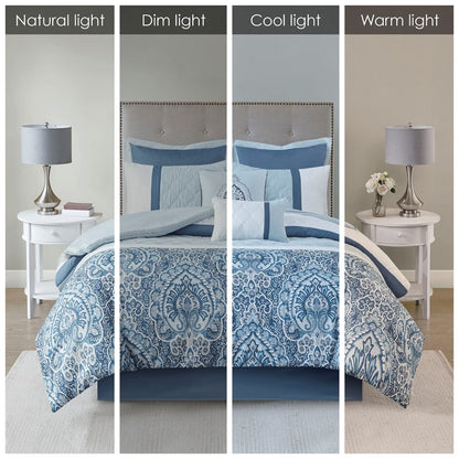 Embroidered Medallion Comforter Set -  Blue Medallion Bedding Set - 8PC