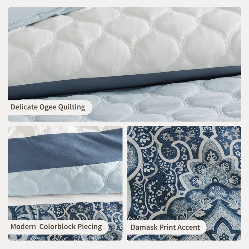Embroidered Medallion Comforter Set -  Blue Medallion Bedding Set - 8PC